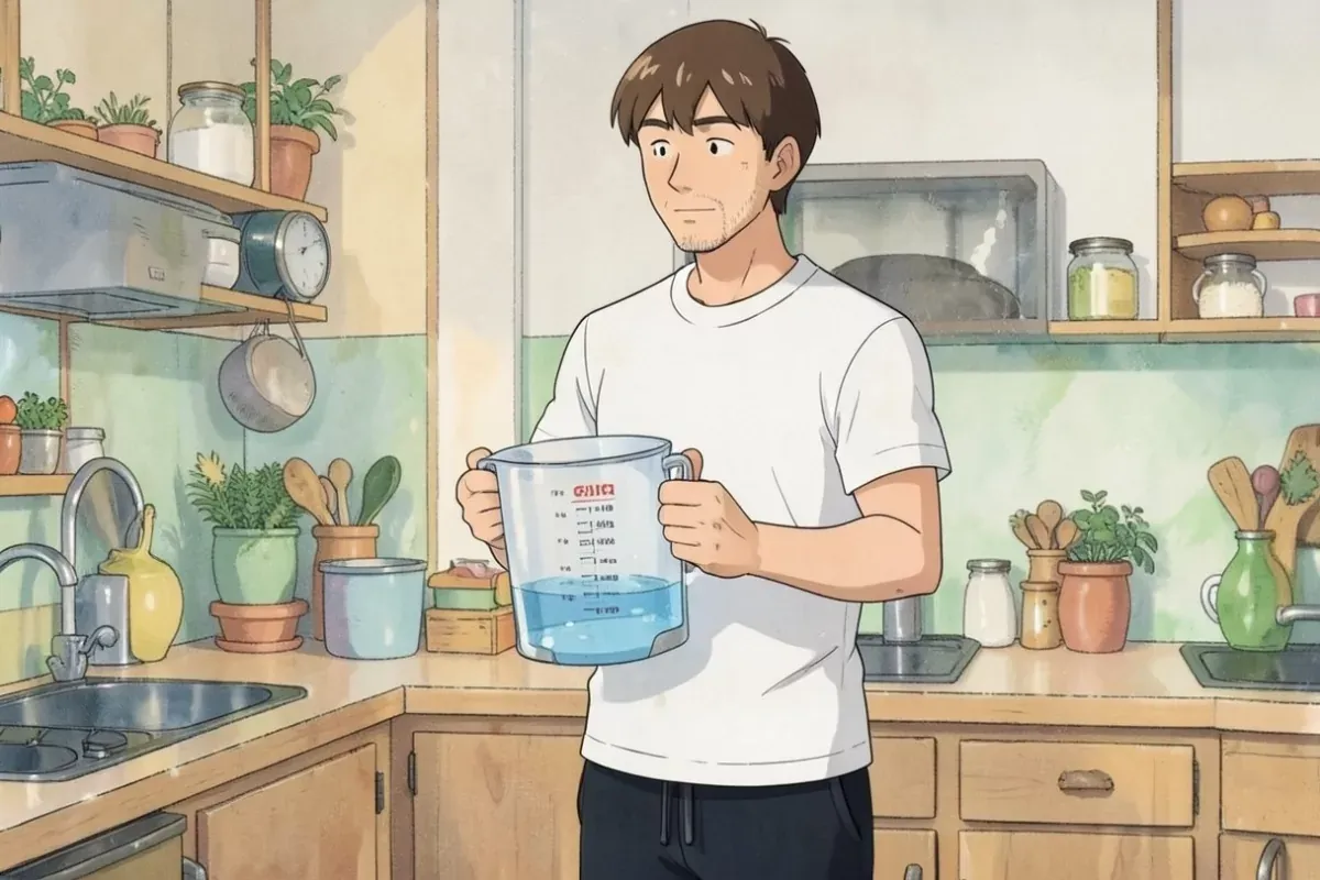 is standing in a kitchen holding a large measuring jug of water with both hands, checking the water level, bright natural light - Studio Ghibli anime 