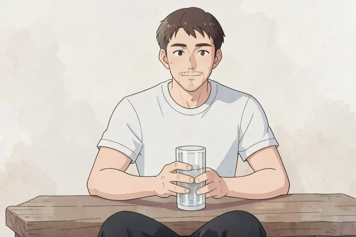 is sitting at a table with a full plate of food and a large glass of water in front of him, both hands resting on the table, calm satisfied expression