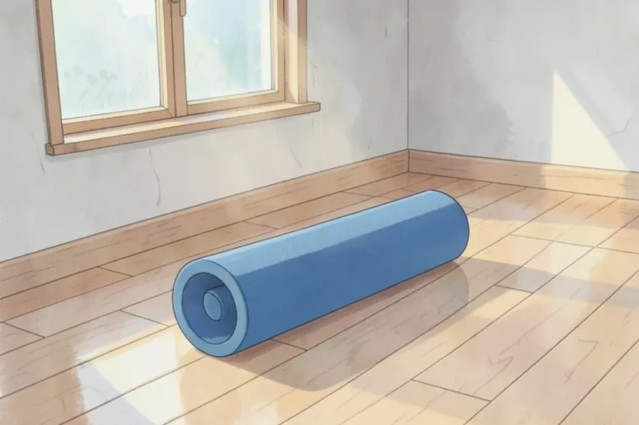 A blue high-density foam roller on a wooden gym floor beside a sunlit window