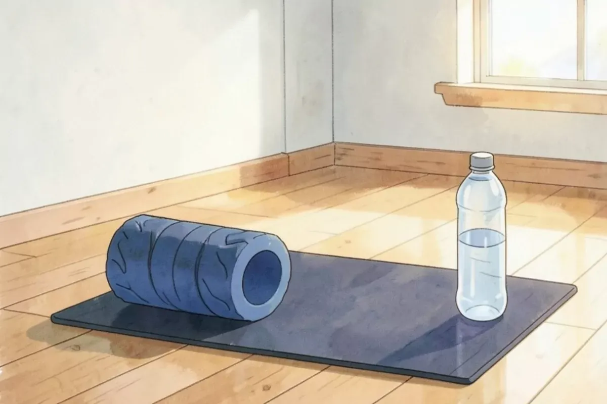 A blue foam roller resting on an exercise mat beside a water bottle