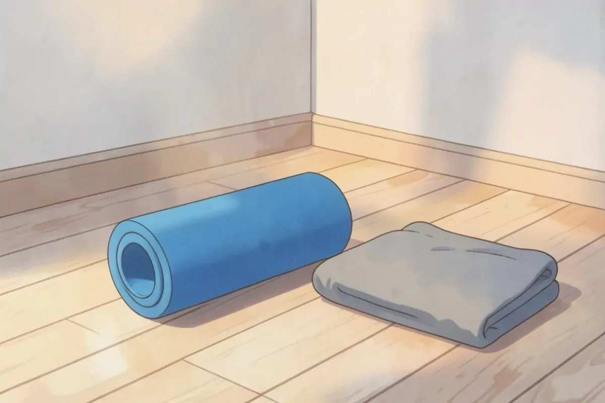 A blue foam roller on a wooden floor next to a folded towel