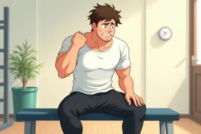 DOMS muscle soreness - a man sitting on a gym bench rubbing his sore shoulder - Studio Ghibli anime illustration