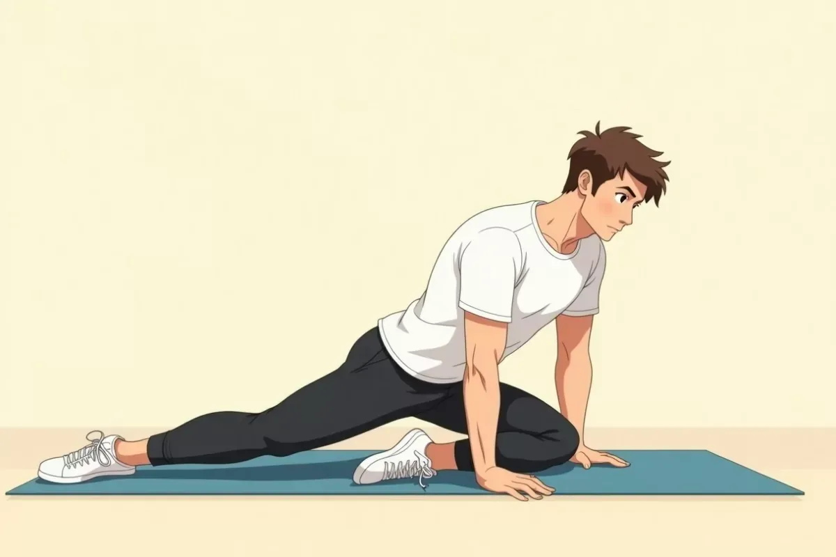 is stretching with both arms reaching forward on a yoga mat, focused expression, bright room - Studio Ghibli anime illustration
