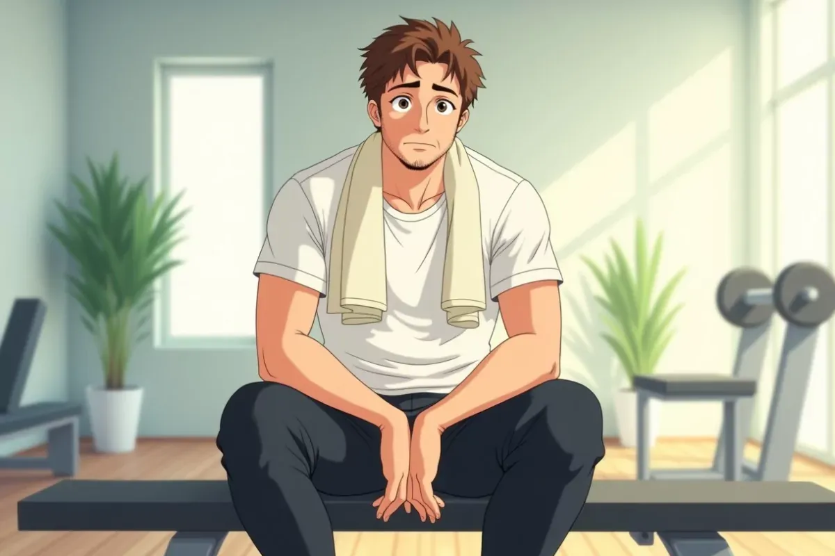 is sitting on a bench with a towel around his neck, both hands resting on his knees, tired but calm expression, bright indoor gym - Studio Ghibli anim