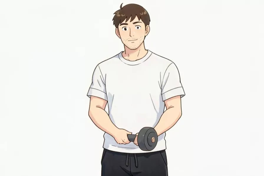 drop sets - a man standing with both hands holding a single dumbbell down in front of him - Studio Ghibli anime illustration