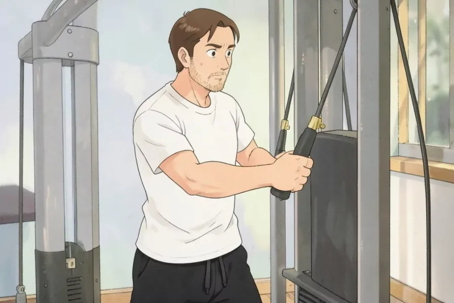 drop sets - a man standing at a cable machine gripping the handle with both hands - Studio Ghibli anime illustration