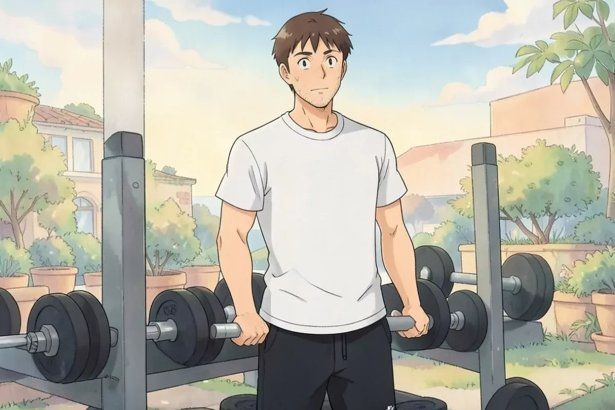 is standing at a dumbbell rack with both hands holding a pair of dumbbells, focused determined expression, bright indoor gym, no text, no logo - Studi