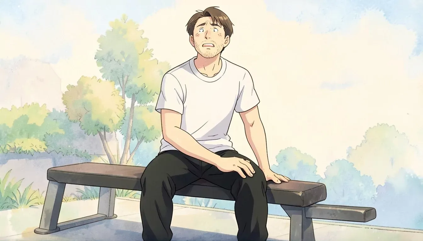 is sitting on a gym bench with both hands resting on his knees, breathing hard, tired determined expression, bright indoor gym