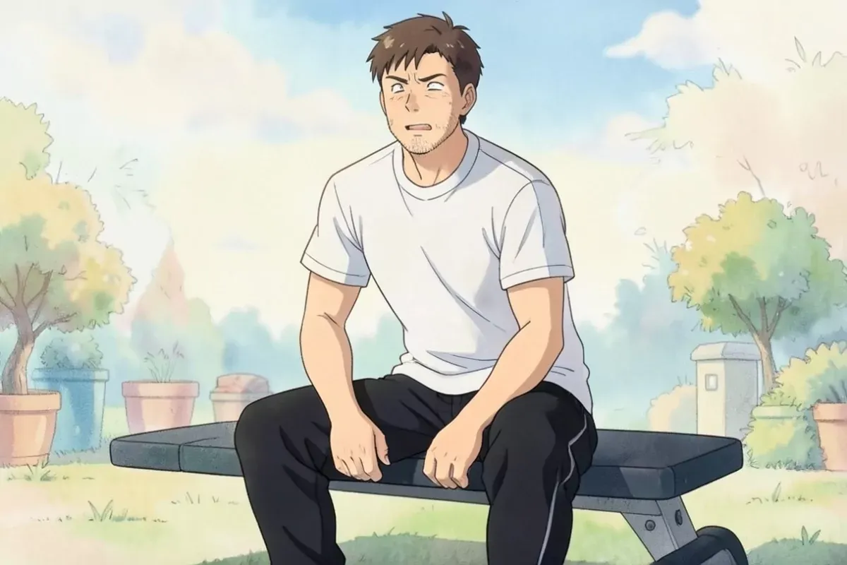 is sitting on a gym bench with both hands resting on his knees, breathing hard, tired determined expression, bright indoor gym, no text, no logo - Stu
