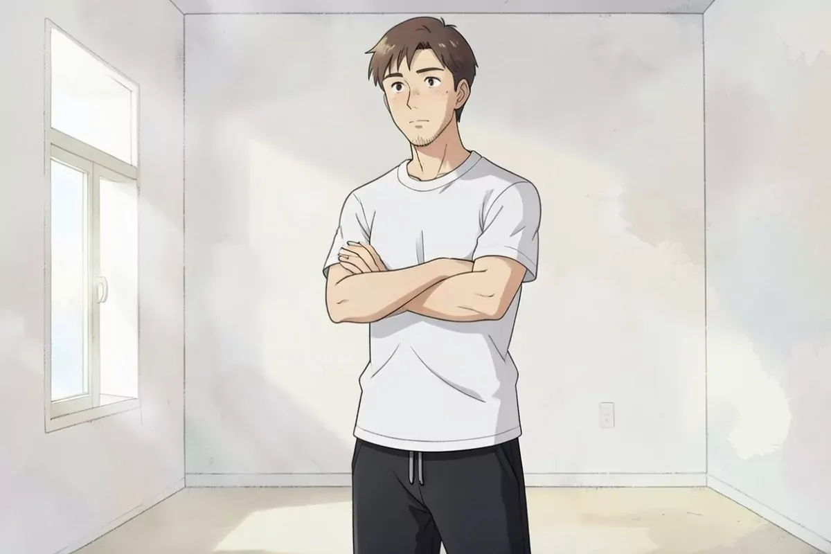 is standing with both arms crossed over his chest, thoughtful expression, plain bright room, no text, no logo, no watermark - Studio Ghibli anime illu