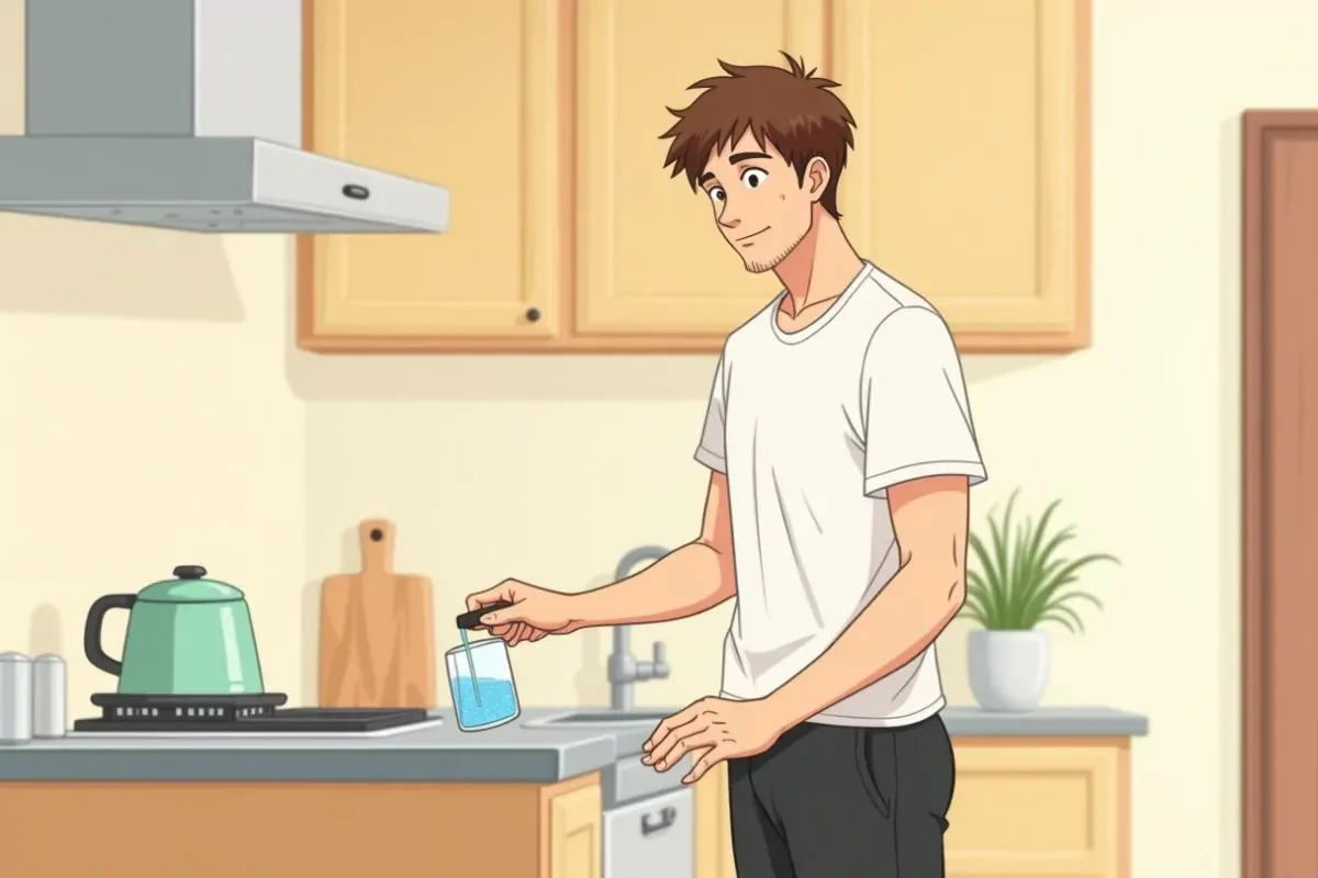 is squeezing lemon juice into a glass of water in a kitchen - Studio Ghibli anime illustration