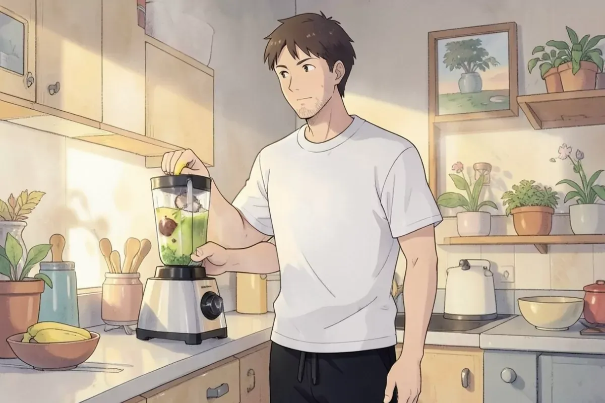 is blending a banana and coconut water in a kitchen blender - Studio Ghibli anime illustration