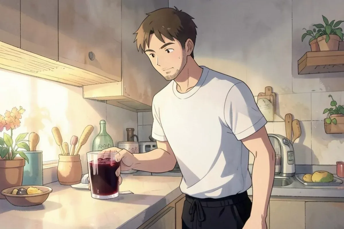 is pouring a glass of dark cherry juice at a kitchen counter - Studio Ghibli anime illustration