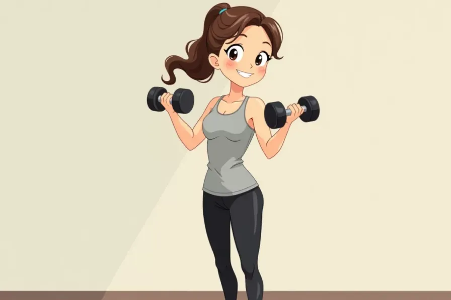 free weights vs machines - a woman deciding between dumbbells and a weight machine in a gym - Studio Ghibli anime illustration