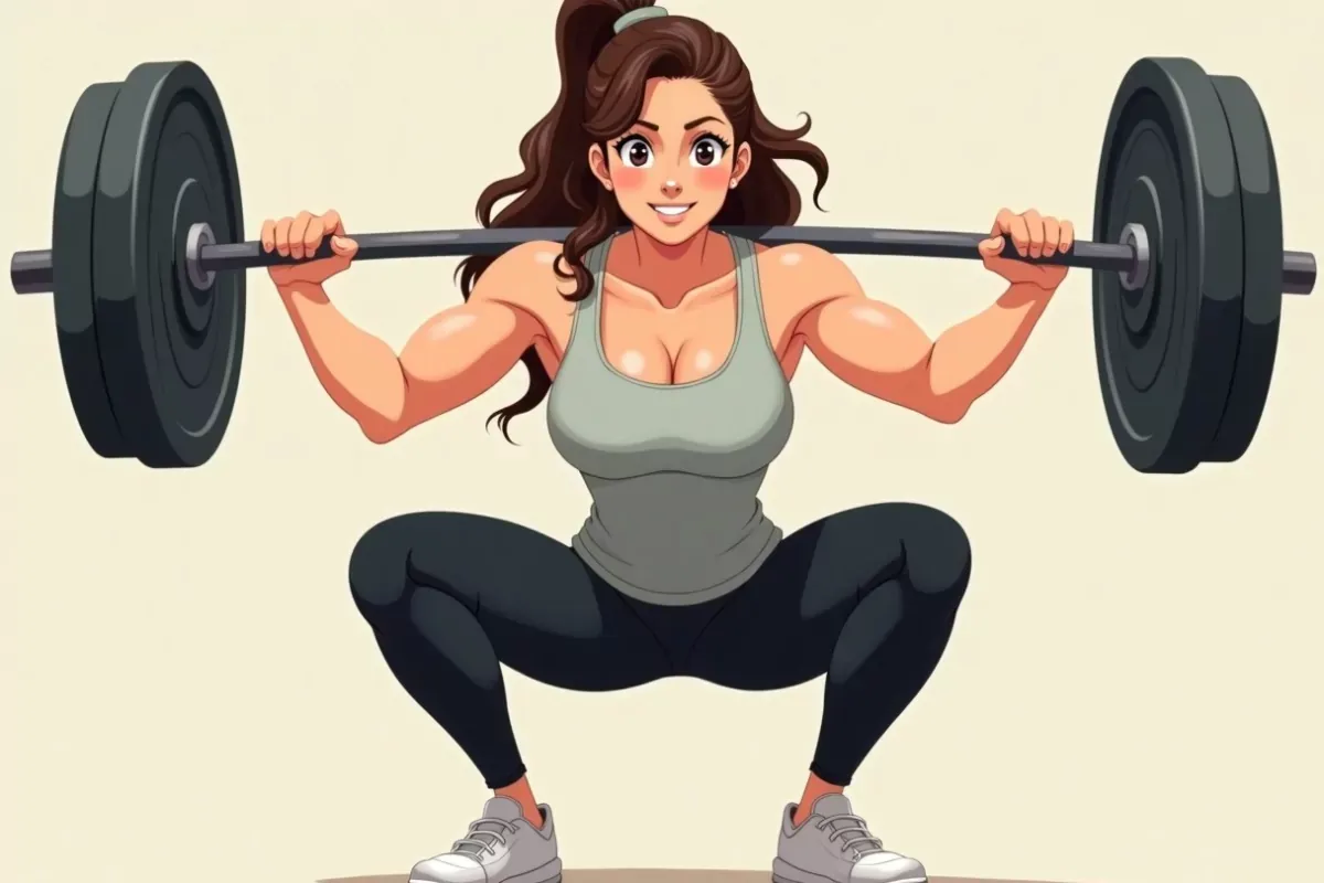is doing a barbell squat with arms gripping the bar, focused expression, gym setting - Studio Ghibli anime illustration