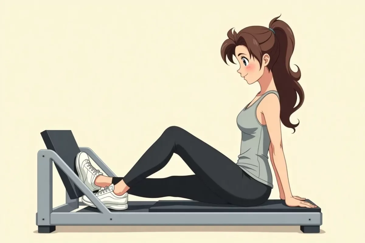 is using a leg press machine, both hands gripping the side handles, focused - Studio Ghibli anime illustration