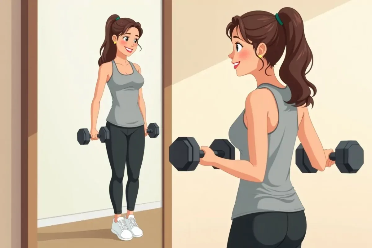 is spotting herself in a mirror while holding light dumbbells at shoulder height, learning form - Studio Ghibli anime illustration