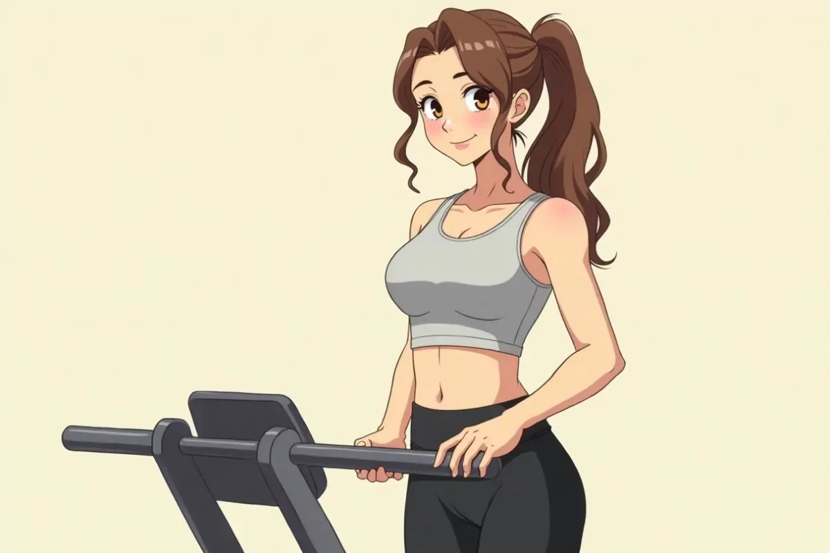 is standing confidently with one hand resting on a barbell and the other on a machine handle, satisfied expression - Studio Ghibli anime illustration