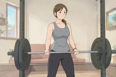 giant sets - a woman standing indoors holding a plain barbell with both hands - Studio Ghibli anime illustration