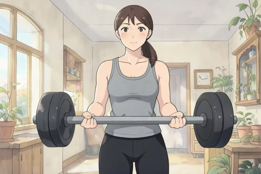 giant sets - a woman standing indoors holding a plain barbell with both hands - Studio Ghibli anime illustration