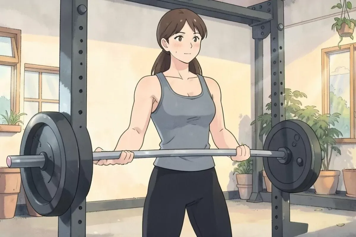 is standing indoors at a squat rack gripping a straight barbell with both hands mid-set, plain solid round black weight plates on each end of the bar,