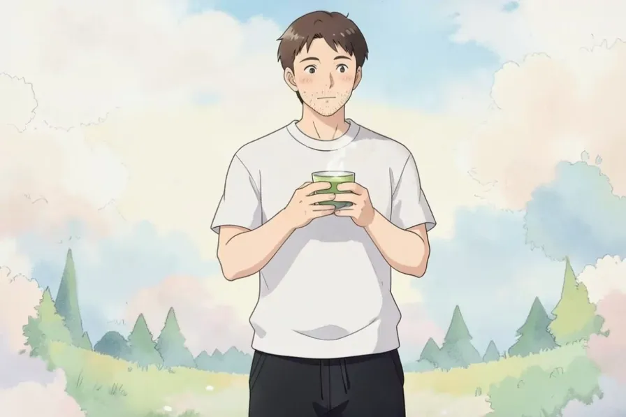green tea for weight loss - a man holding a warm cup of green tea in his kitchen - Studio Ghibli anime illustration