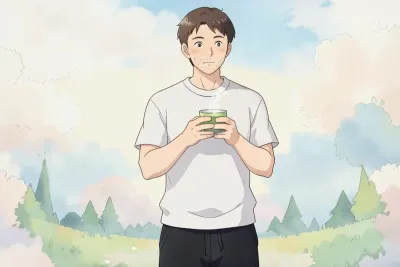 green tea for weight loss - a man holding a warm cup of green tea in his kitchen - Studio Ghibli anime illustration