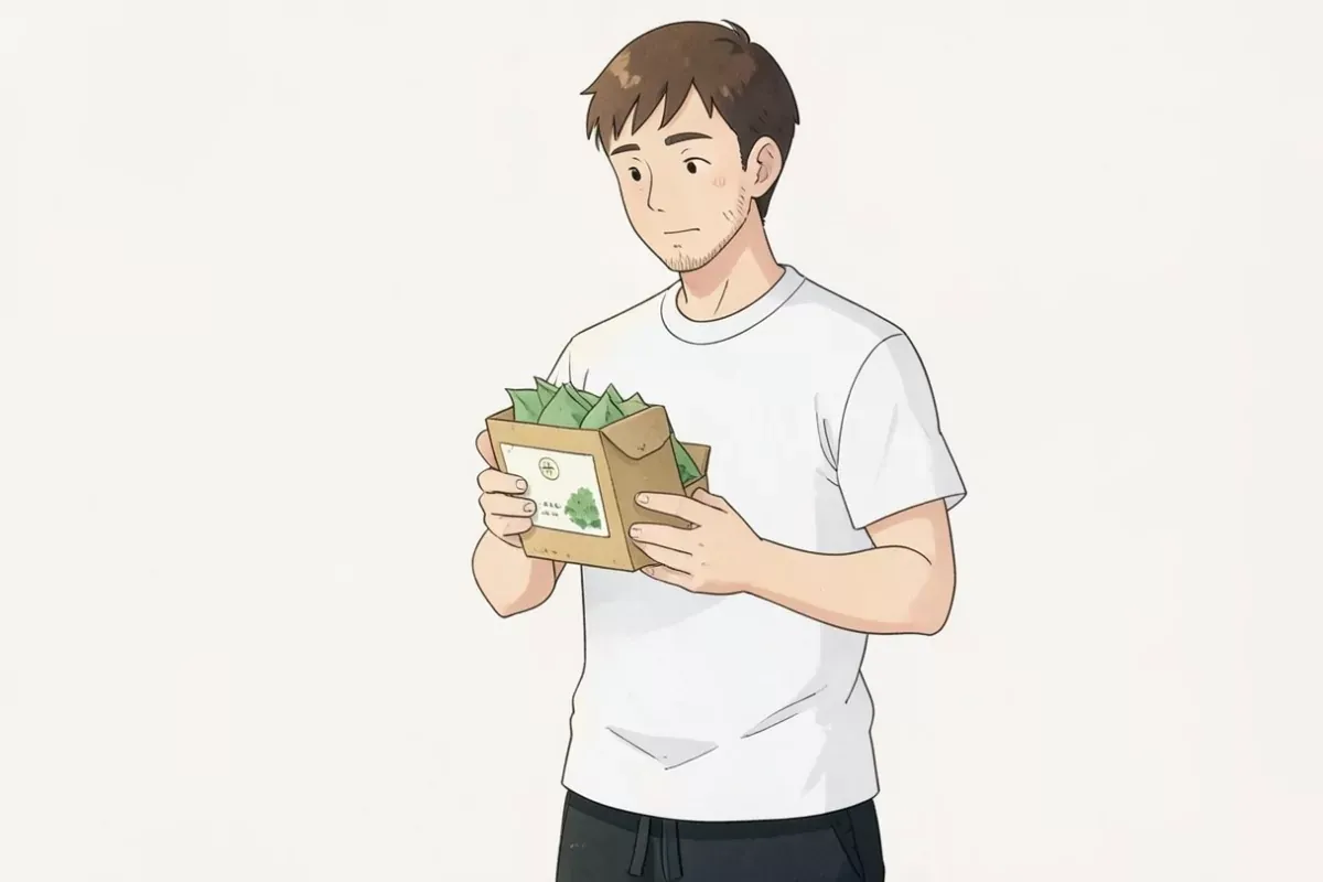 is pouring hot water from a kettle into a cup with a green tea bag, both hands, steam rising, bright kitchen counter - Studio Ghibli anime illustratio