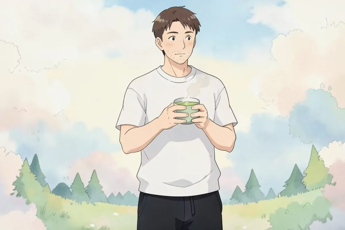 is holding a warm cup of green tea with both hands wrapped around it, taking a slow sip, calm expression, bright kitchen - Studio Ghibli anime illustr