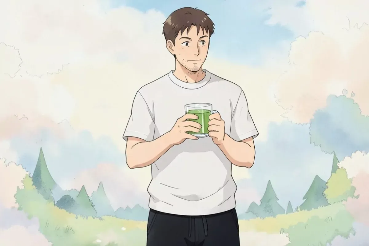 is holding a clear glass mug of green tea with both hands, looking at it thoughtfully, green tea leaves in a small bowl on the counter - Studio Ghibli