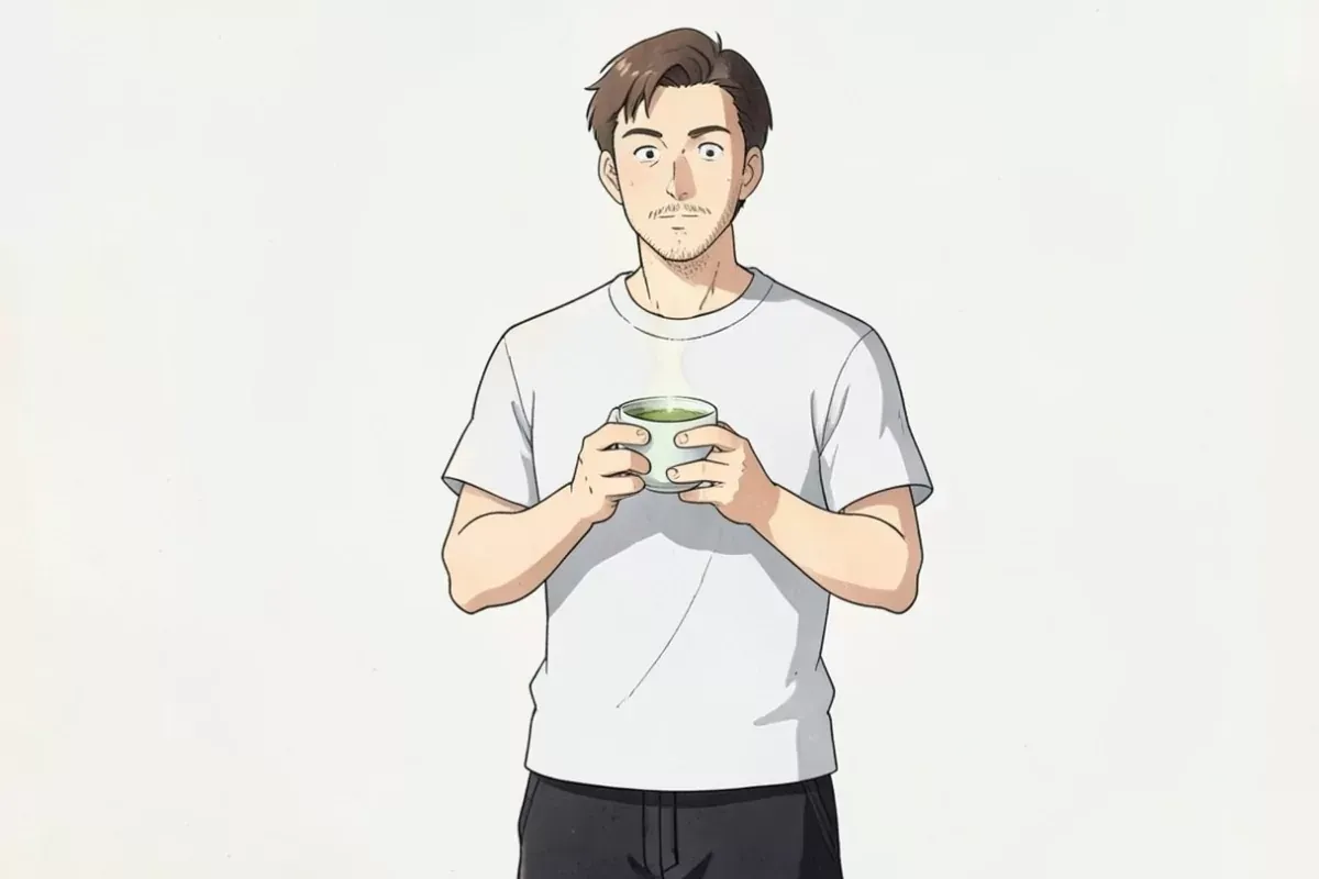 is holding a cup of green tea in one hand and a plate of healthy food in the other, standing at a bright kitchen counter - Studio Ghibli anime illustr