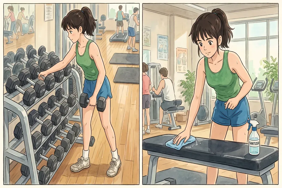re-rack weights wipe equipment gym etiquette - Studio Ghibli anime illustration