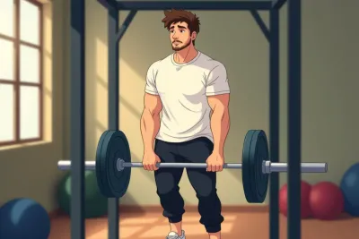 gym plateau - a man staring at a barbell stuck at the same weight for weeks - Studio Ghibli anime illustration