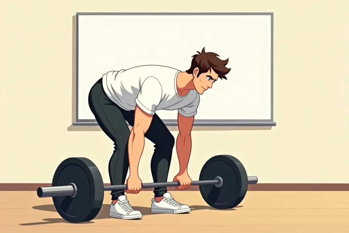 is standing in a cozy gym, both hands resting on a barbell on the floor, looking at a whiteboard with the same numbers written for the past few weeks 