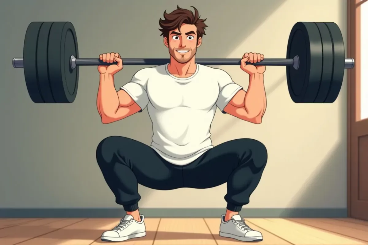 is mid-squat with a loaded barbell across his shoulders, both hands gripping the bar, in a cozy gym corner - Studio Ghibli anime illustration
