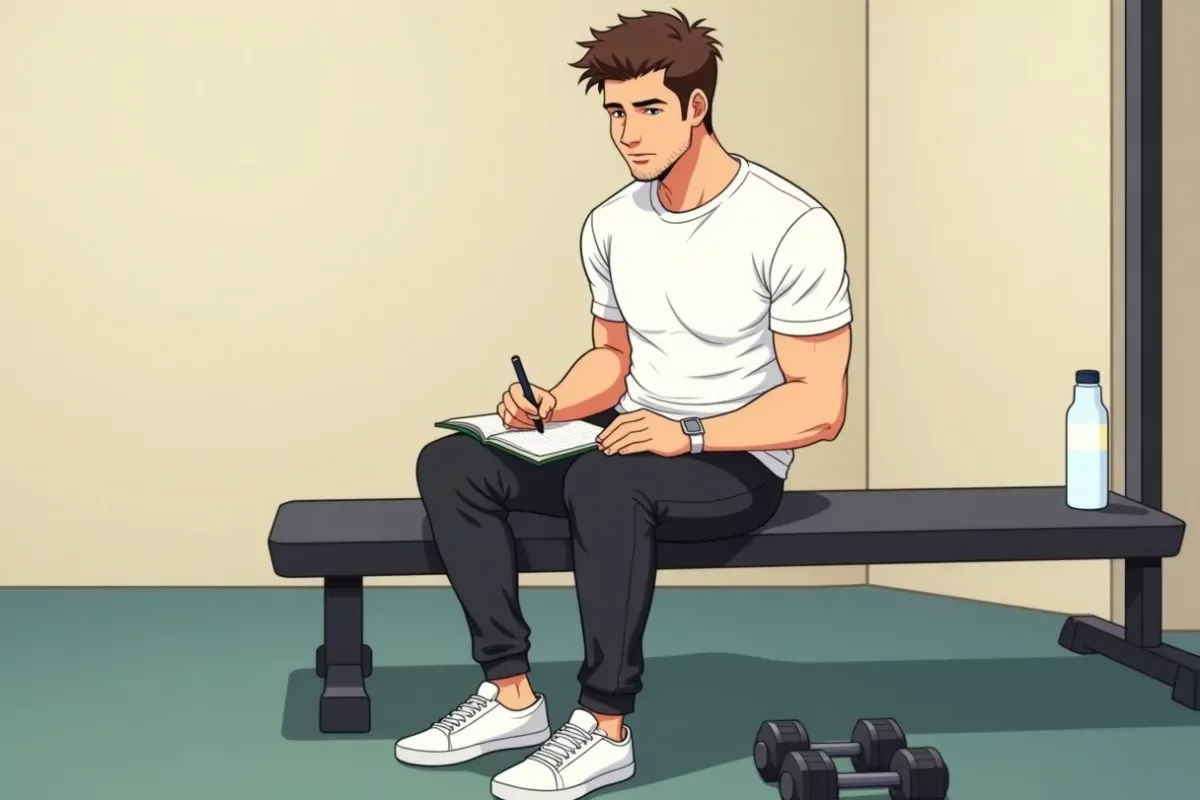 is sitting on a gym bench, both hands holding a workout journal and a pen, writing down his sets next to a water bottle and a pair of dumbbells - Stud