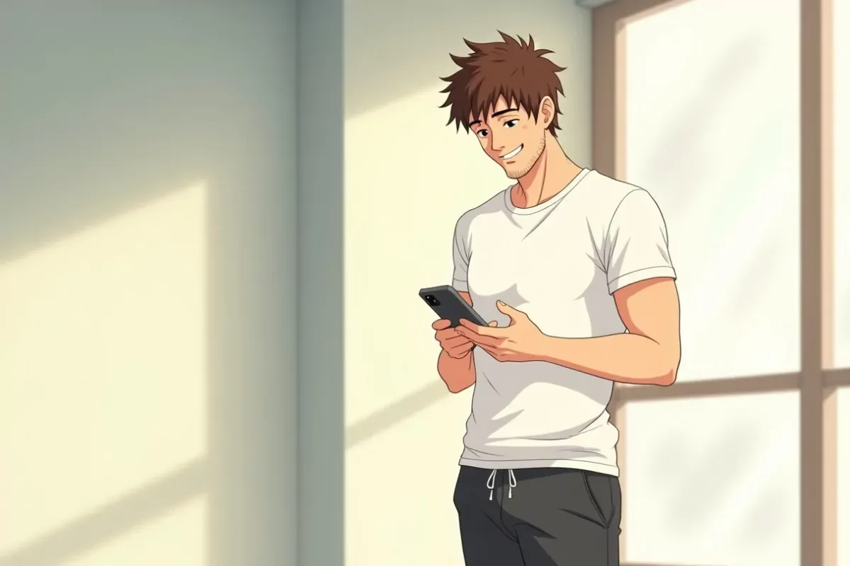 is smiling and checking a fitness app on his phone with both hands, standing in a bright gym after a workout - Studio Ghibli anime illustration