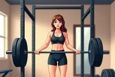 gym workout plan for beginners - a woman standing indoors at a squat rack holding a barbell - Studio Ghibli anime illustration