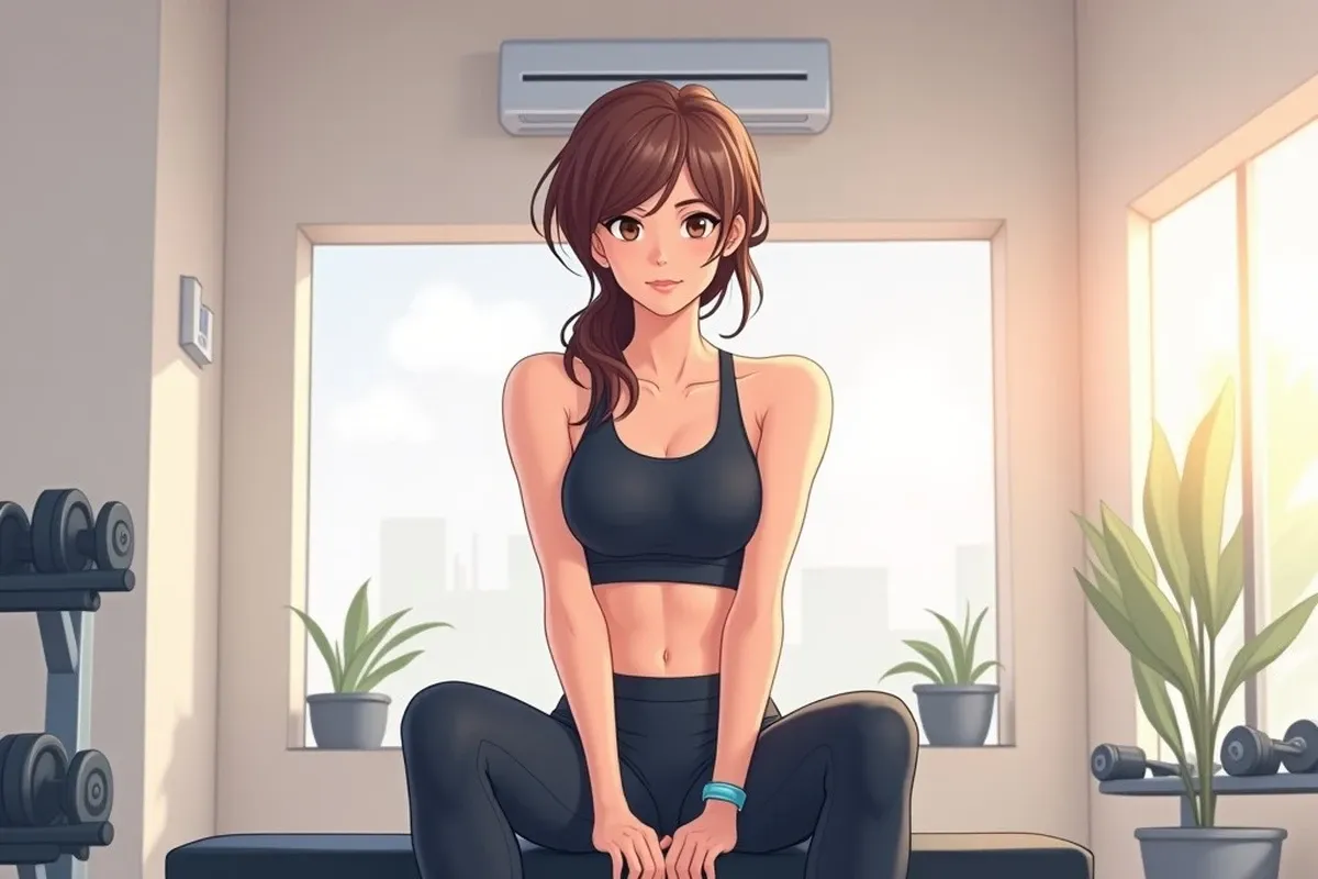 a woman sitting on a simple flat gym bench indoors, both hands resting on her own knees, legs clearly separated, calm expression, indoor gym