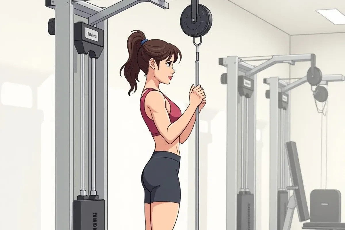 a woman standing indoors in a gym at a cable machine, both hands gripping a rope attachment at chest height, pulley wheel and weight stack visible, in
