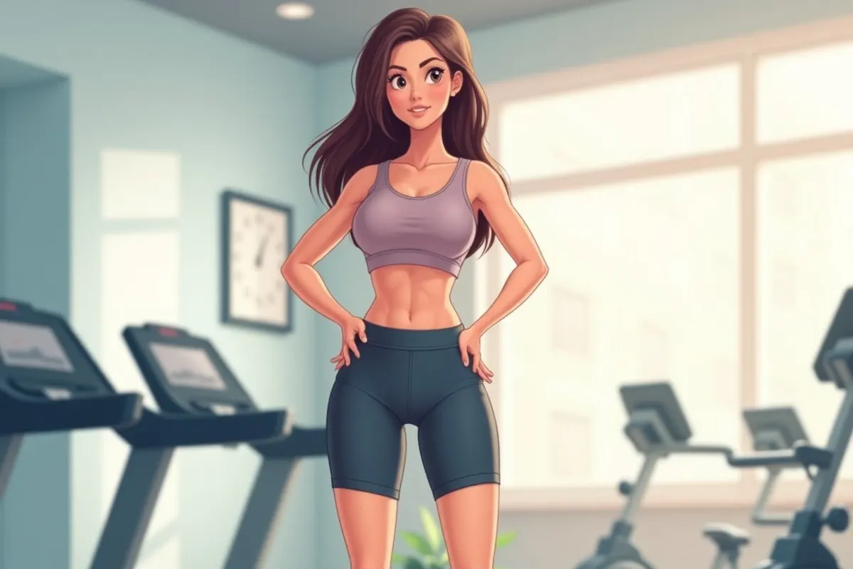 a woman standing indoors in a gym with both hands on her hips, confident stance, calm expression, indoor gym