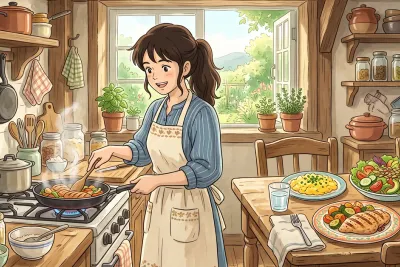 young woman cooking a healthy high-protein lunch, Studio Ghibli anime illustration