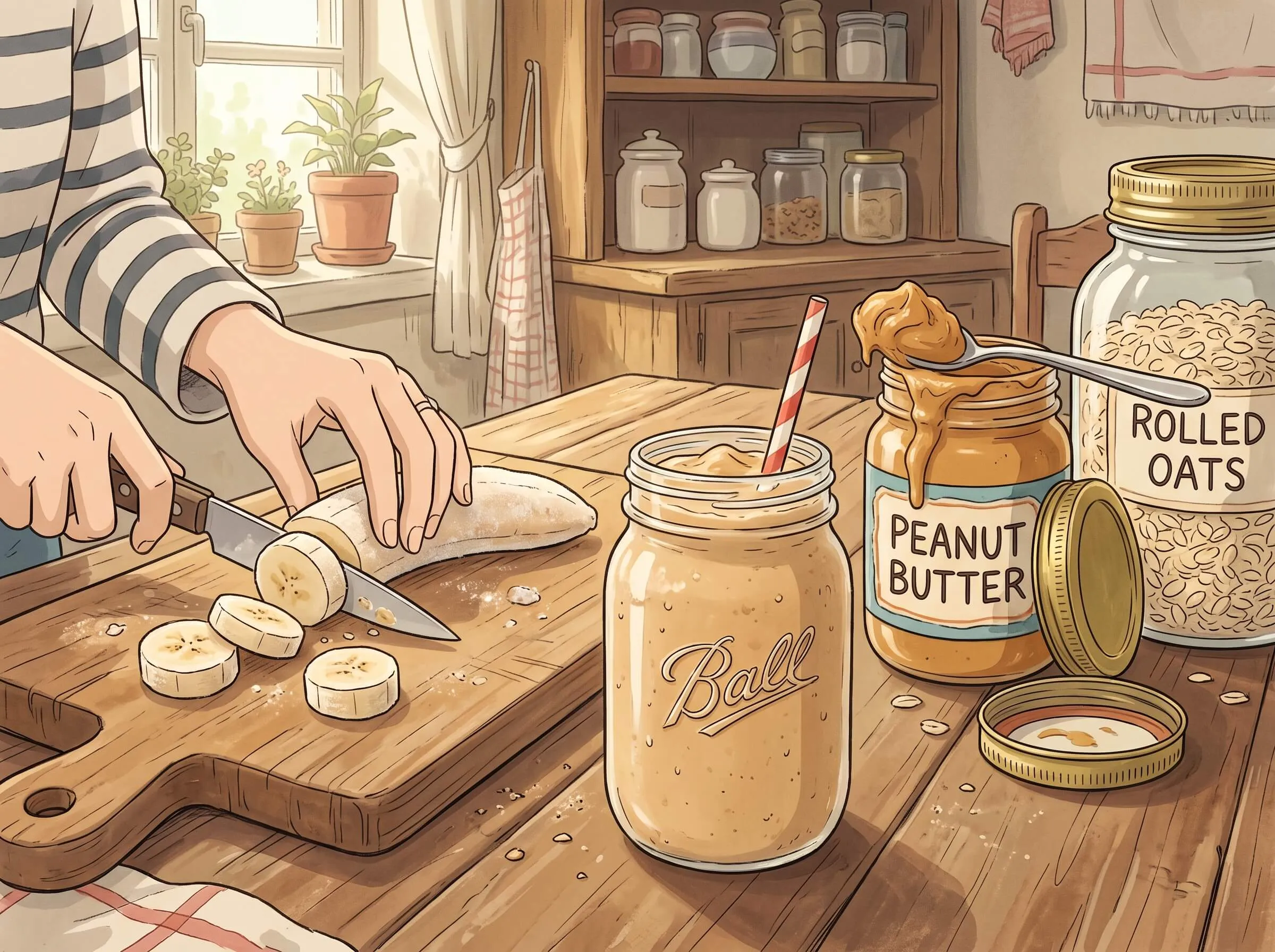 slicing banana on a cutting board next to a peanut butter protein shake in a mason jar