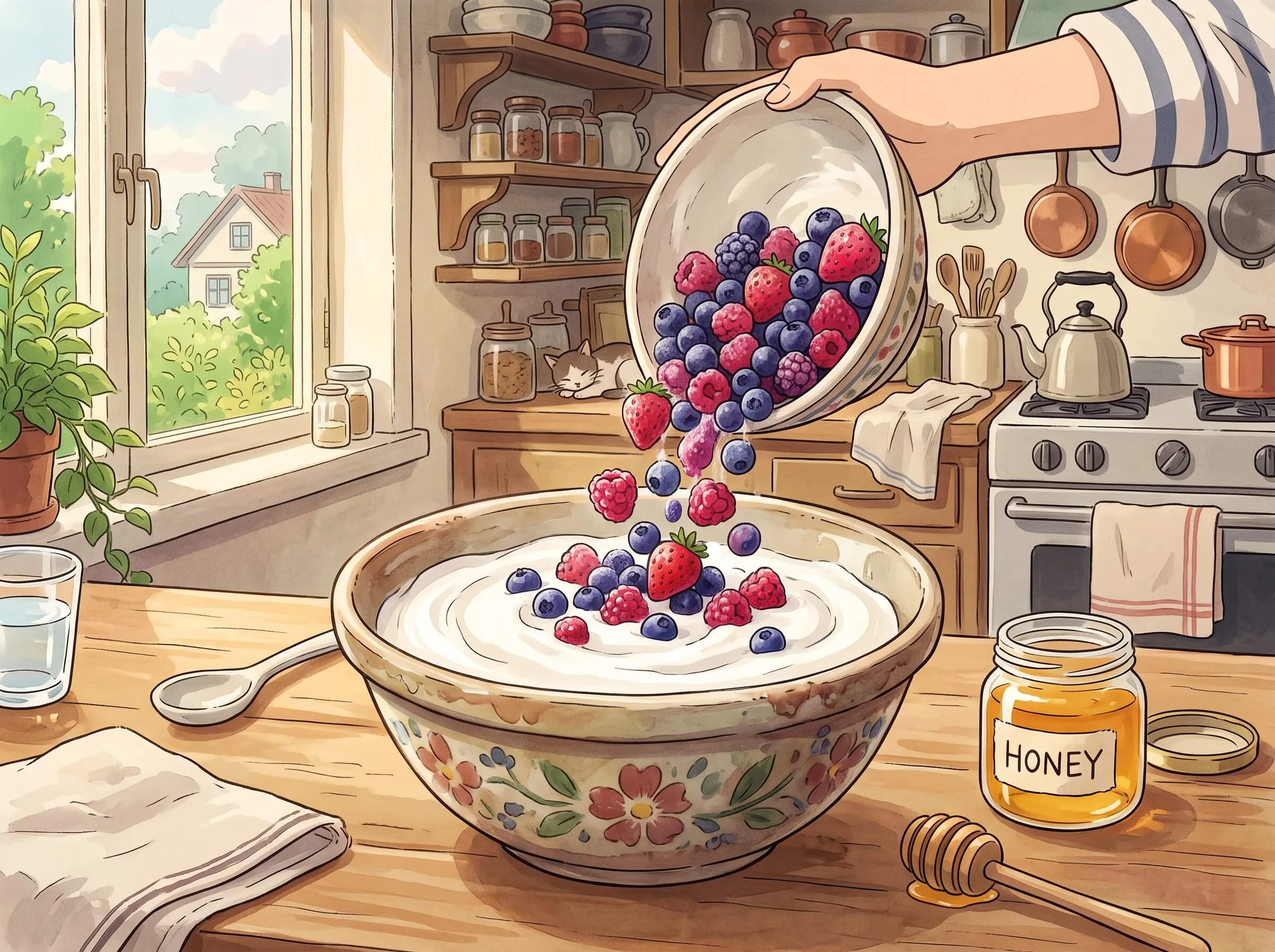 pouring fresh mixed berries into a bowl of greek yogurt with honey on the side