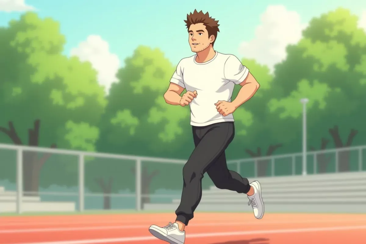 is doing a sprint interval on an outdoor track, high effort, mid-stride - Studio Ghibli anime illustration