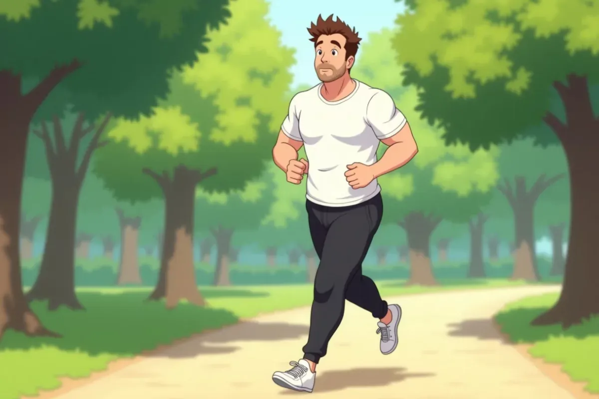 is jogging at a steady relaxed pace on a park path, calm expression - Studio Ghibli anime illustration
