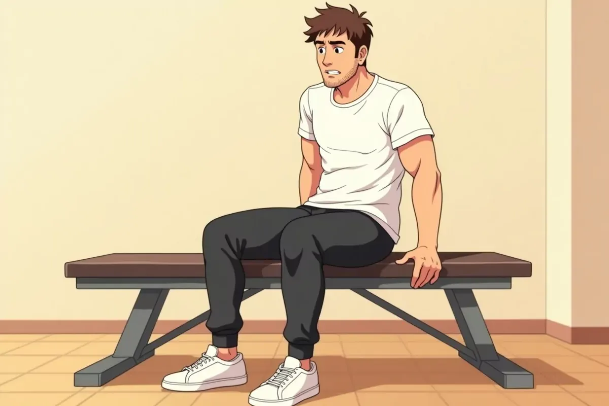 is stretching a sore knee while sitting on a gym bench, wincing slightly - Studio Ghibli anime illustration