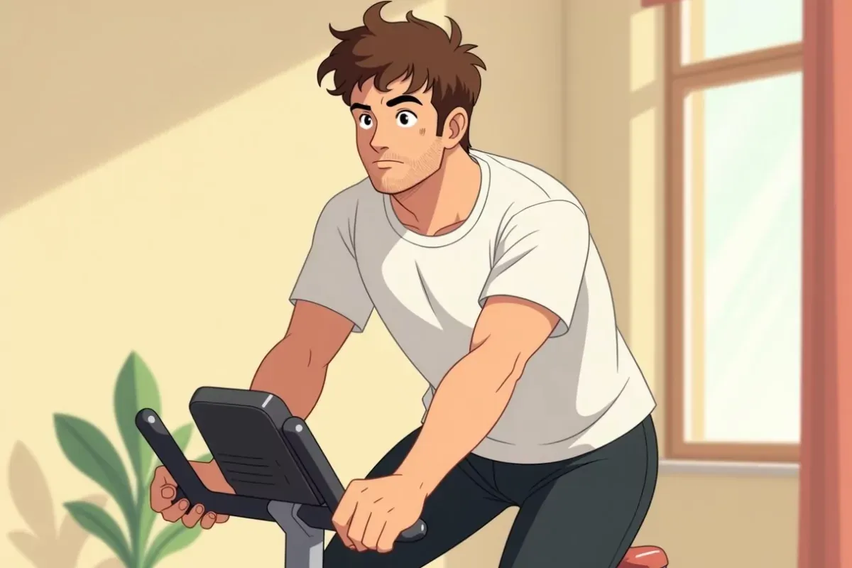 is riding a stationary bike at the gym, focused, sweat visible, gym background - Studio Ghibli anime illustration