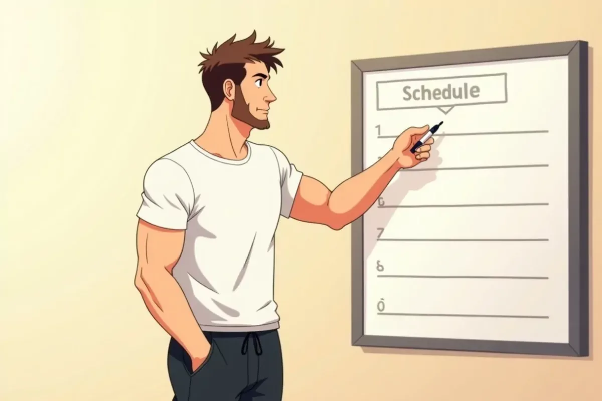is checking a workout schedule written on a whiteboard in a home gym - Studio Ghibli anime illustration