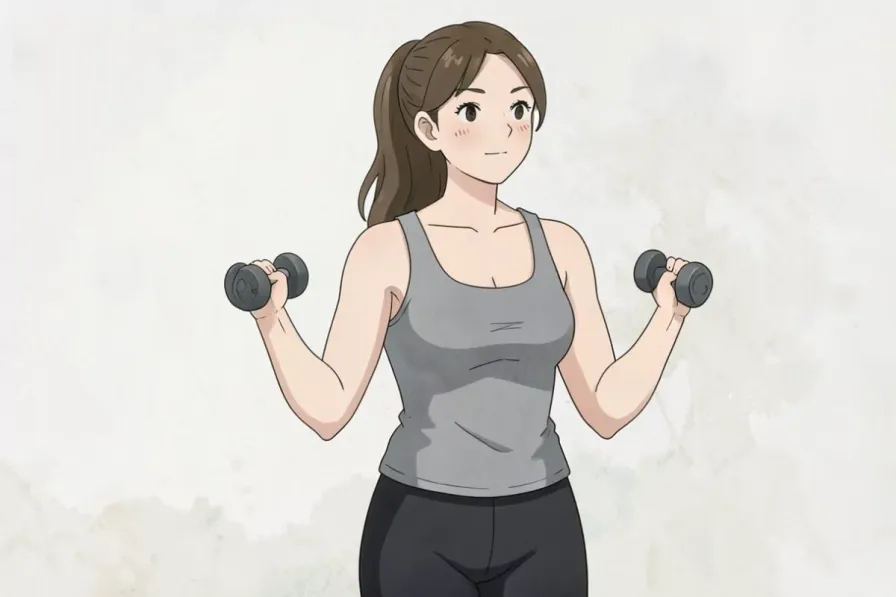how long does it take to build muscle - a woman checking her progress in a bright indoor gym - Studio Ghibli anime illustration